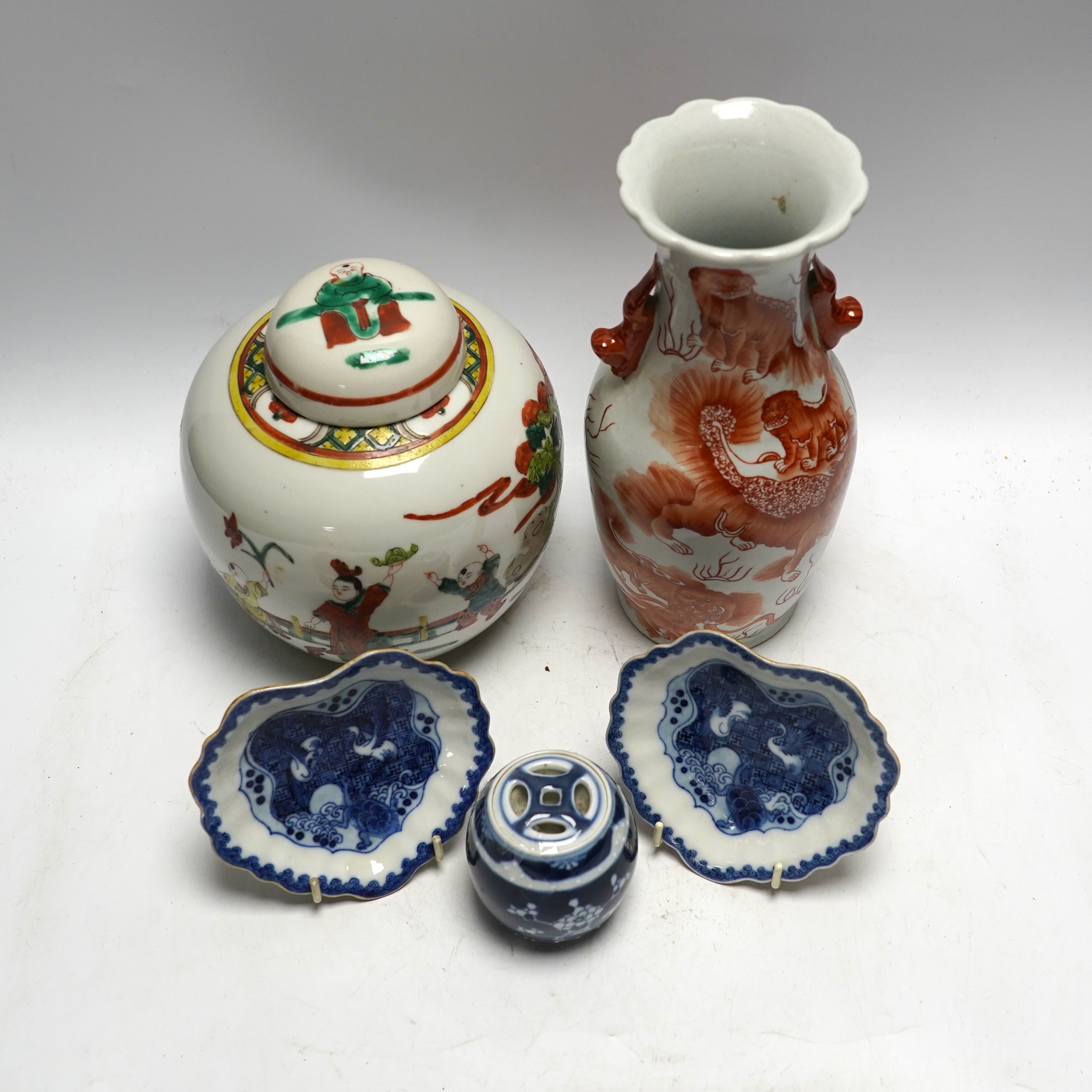 A group of Chinese porcelain including a pair of 18th century blue and white leaf shaped dishes, tallest 25.5cm